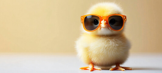A playful and humorous Easter-themed image featuring a fluffy pale yellow chick in oversized orange sunglasses, perfect for greeting cards or festive designs.