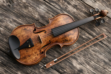 Fototapeta premium Elegantly Crafted Violin Resting on Wooden Table Evokes Nostalgia and Musical Mastery