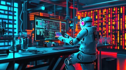 Naklejka premium Robot Coding at a Futuristic Workstation with Neon Lights. Using advanced equipment. For research purposes. On a glowing complex desktop. For automation purposes. With a computer screen. And