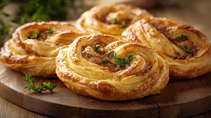 A beautifully styled wooden board adorned with assorted puff pastry twists ready for enjoyment with copy space