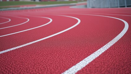 Red running track curves with white lane lines