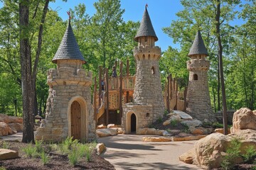 Fototapeta premium The Gathering Place: An Award-Winning Public Park in Oklahoma, Featuring Climbing Castles and Beautiful Attractions Surrounded by Lush Trees