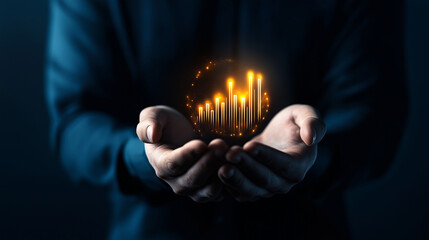 A pair of strong, steady hands holding a metallic shield embossed with a rising bar graph, glowing with a golden aura, symbolizing financial security.