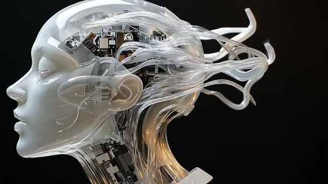 Futuristic female robot head with intricate circuitry and flowing hair against a dark background
