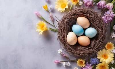 Colorful Easter eggs in a nest surrounded by fresh spring flowers on a light background