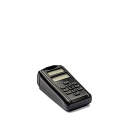 Close up of black handheld numeric keypad device with dual LCD screens used for access control or secure authentication