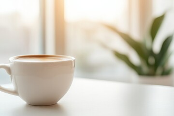 Obraz premium Warm cup of coffee resting on table with soft sunlight illuminat