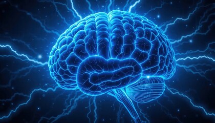 Fototapeta premium Human brain digital illustration. Electrical activity, flashes and lightning on a blue background. Digital Illustration of the Human Brain. Electrical Activity, Flashes, and Lightning on a Blue Backgr