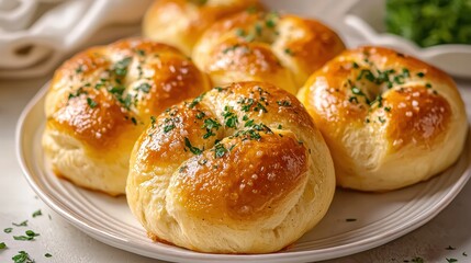 Plate of warm buttery garlic knots on a rustic surface with a cozy ambiance and ample copy space for text elements