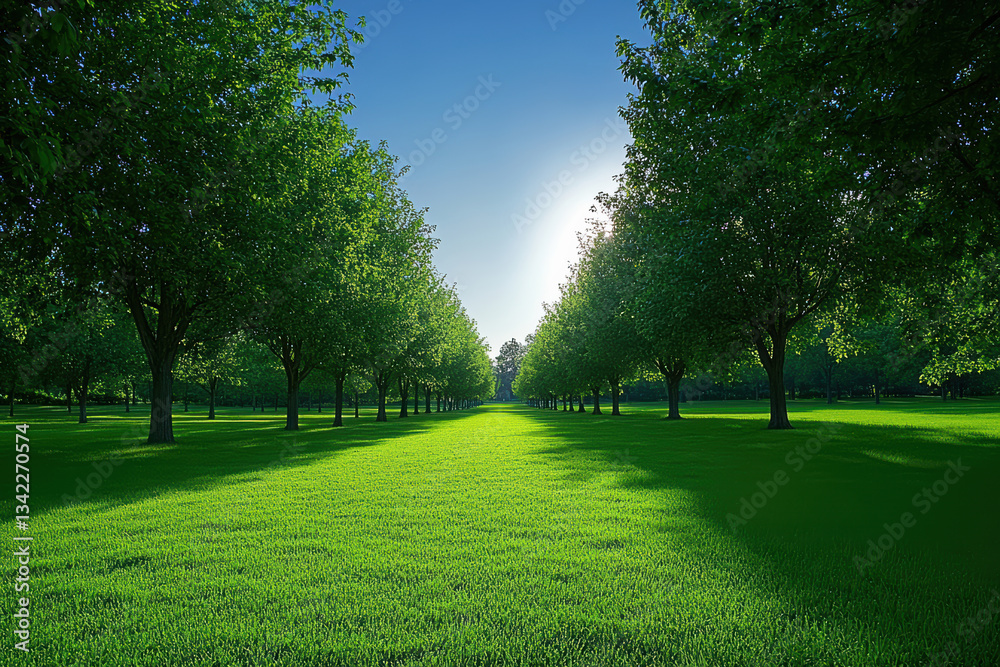 Poster lush green grass stretching into distance between two rows of trees in park