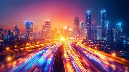 Fototapeta premium A vibrant city skyline at sunset with light trails from moving vehicles.