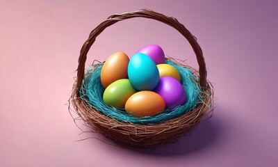 Naklejka premium Colorful easter eggs in a woven basket with blue straw on a soft pastel background
