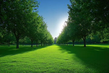 Fototapeta premium Lush green grass stretching into distance between two rows of trees in park