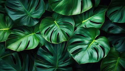 Obraz premium Lush green tropical leaves background. Dark green foliage texture. Close-up view of vibrant tropical plants