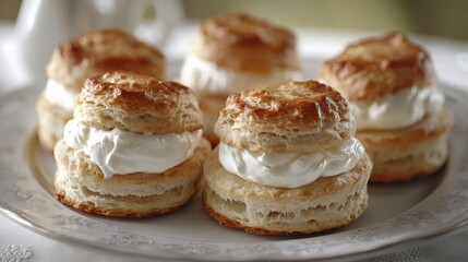 Mouthwatering plate of flaky biscuits topped generously with fresh cream ready to delight the taste buds
