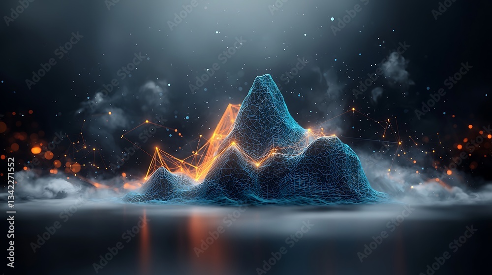 Poster abstract digital mountain landscape, glowing with data points