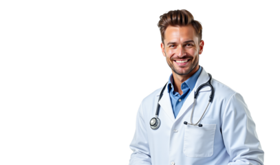 Confident smiling doctor portrait. Friendly medical professional in lab coat with stethoscope for healthcare, telehealth, hospital, and medical ads. Isolated on transparent background.