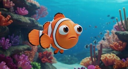 Fototapeta premium Curious Clownfish Swimming Near Coral Reef with Colorful Underwater Scene