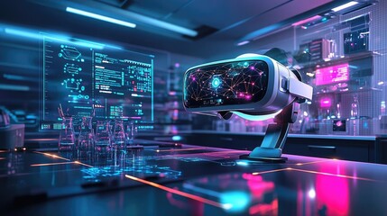 Virtual Reality Headset In Neon Lit Science Lab Experimentation Station For Technological Innovation. High Tech Modern Design. Digital Screen Interface. Bright Lights. Cyberpunk Style. Abstract