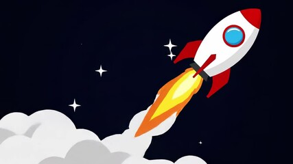 A colorful rocket propels into the atmosphere surrounded by clouds, showcasing a dynamic ascent against a deep, dark backdrop. The vibrant design captures the excitement of space exploration.