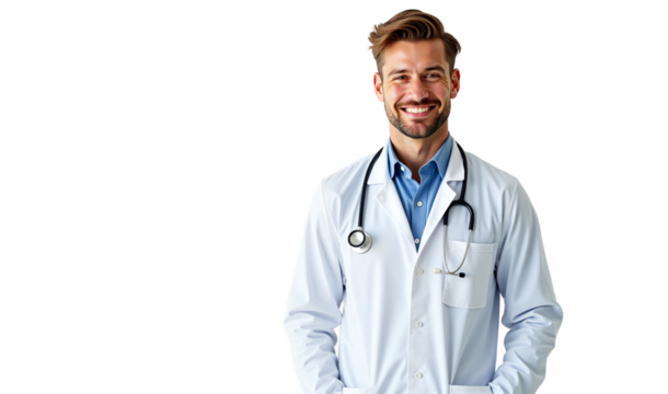 Smiling male doctor portrait in lab coat & stethoscope. Isolated on white. Isolated on transparent background. For healthcare and medical designs.