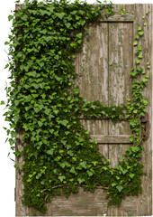 Overgrown Wooden Door Covered in Lush Green Ivy and Moss Plants