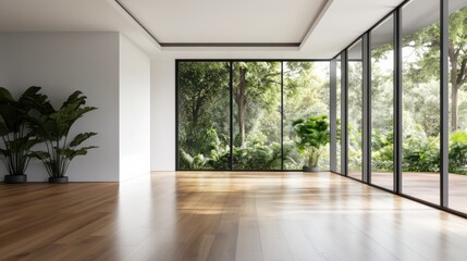 Obraz premium Serene and Minimalistic Room Bathed in Natural Light With Inviting Greenery Outside Generative AI