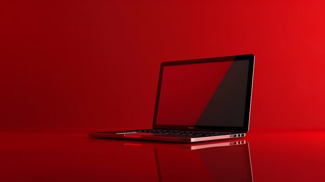 A high-quality 4K shot of a laptop placed on a solid red background, ultra-detailed lighting and reflections.