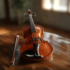 Fototapeta premium Elegantly Crafted Violin Resting on Wooden Table Evokes Nostalgia and Musical Mastery