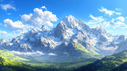 Fototapeta premium Majestic snow-capped mountain range, sunny valley, cloudscape, travel poster