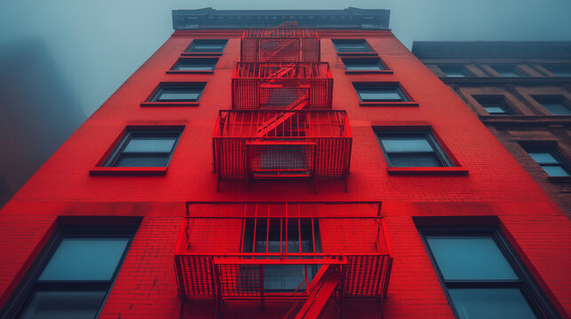 Fire escape on bright red brick building facade viewed from below, urban architecture with dramatic perspective