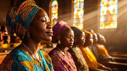 African women in colorful attire attending church service with stained glass windows.