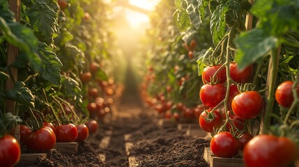 Rustic family owned tomato farm featuring hand tied vines fertile soil beds vibrant green leaves wooden support structures and hand picked ripe tomatoes