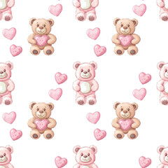 seamless pattern of cute adorable teddy bears on white background
