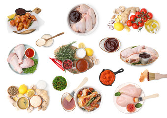 Different types of marinade. Ingredients and raw chicken parts isolated on white, set