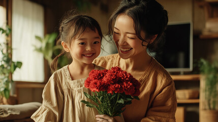Japanese girl presenting red carnation flowers to her mother to celebrate Mother's Day in a cozy living room.