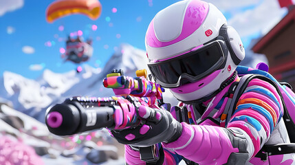 Colorful Anime Character in Pink Helmet Aiming Rifle in Snowy Mountain Battle Royale Game