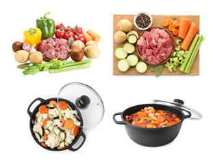Stew preparation. Raw ingredients, pot and cooked dish isolated on white, set. Top and side view