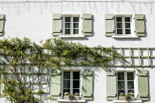 House with white walls and green window shutters, and green ivy on the house. Beautiful house for rent in a Polish city near the mountains, Janice, Poland.