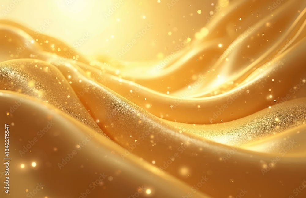 Poster abstract golden background with flowing lines, light sparkles. shiny bright swirl curve liquid metal