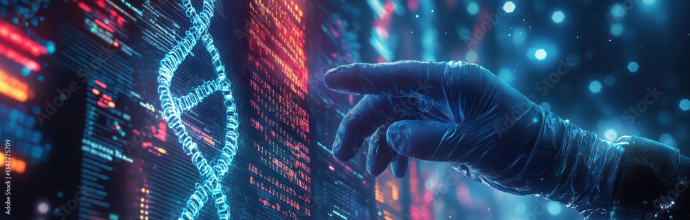 Poster scientist pointing at dna double helix hologram on futuristic interface