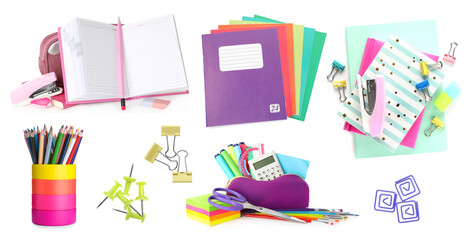 Set of bright school stationery on white background