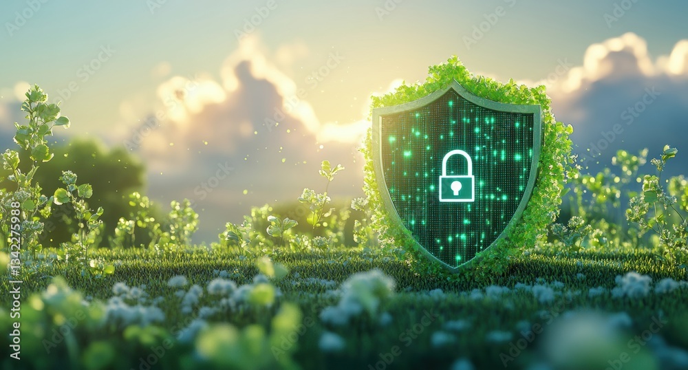 Poster Green digital security shield protecting nature with lock icon and glowing data particles