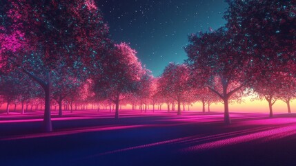 Enchanted twilight grove, A celestial pink and azure landscape painting