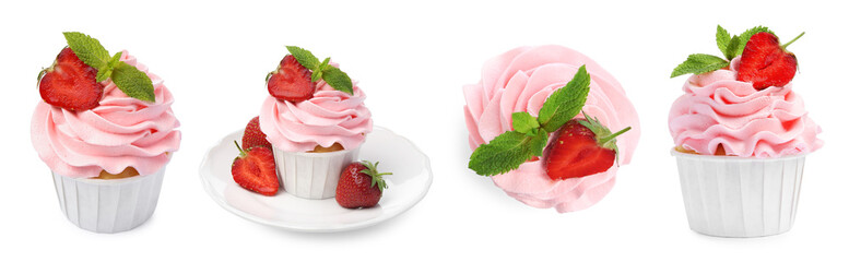 Tasty cupcakes with cream and strawberries isolated on white, set