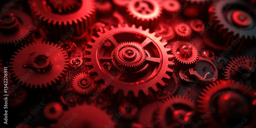 Poster intricate arrangement of red gears showcasing mechanical engineering and design principles in a clos