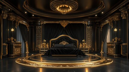 Obraz premium Opulent Black Gold Bedroom Interior Design, Palace, Luxury, Rendering