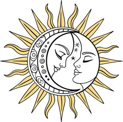 A line art sun and moon design with gold and silver details Illustrator Artwork