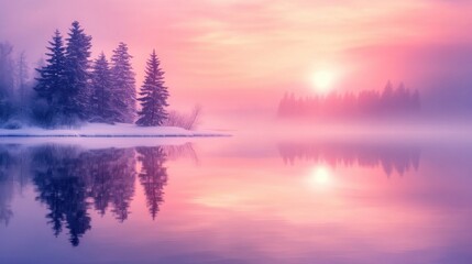 Fototapeta premium Serene Winter Sunrise Over Tranquil Reflective Lake and Pine Trees