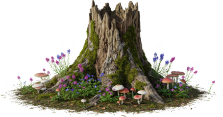 Enchanting mossy tree stump surrounded by vibrant wildflowers and colorful mushrooms in a magical forest scene